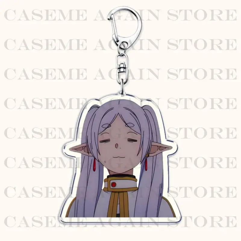 Clear acrylic keychain featuring Frieren with long lavender hair and red earrings as a bag charm accessory