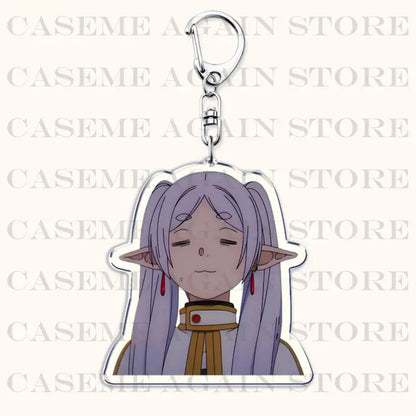 Clear acrylic keychain featuring Frieren with long lavender hair and red earrings as a bag charm accessory