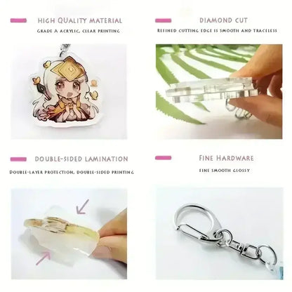 Clear acrylic keychain featuring a chibi anime character from frieren beyond journey’s end with gold accessories and pink bag charm