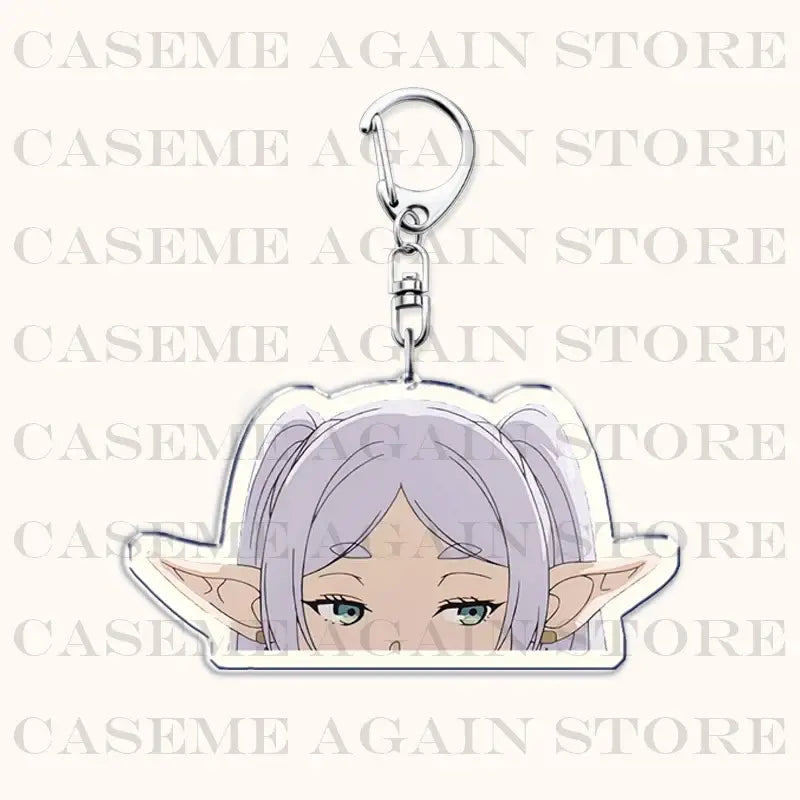 Clear acrylic keychain featuring silver haired frieren character with pointed ears attached to metallic clasp bag charm