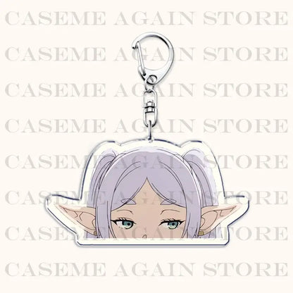 Clear acrylic keychain featuring silver haired frieren character with pointed ears attached to metallic clasp bag charm