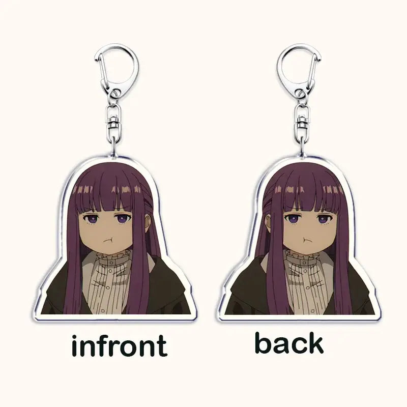 Frieren beyond journey’s end purple-haired anime character acrylic keychain with clear body and silver clasp bag charm
