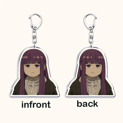 Frieren beyond journey’s end purple-haired anime character acrylic keychain with clear body and silver clasp bag charm