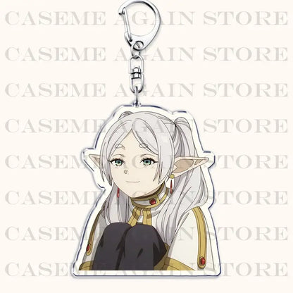 Clear acrylic keychain bag charm featuring silver haired anime character with pointed ears and green eyes from frieren beyond journey end