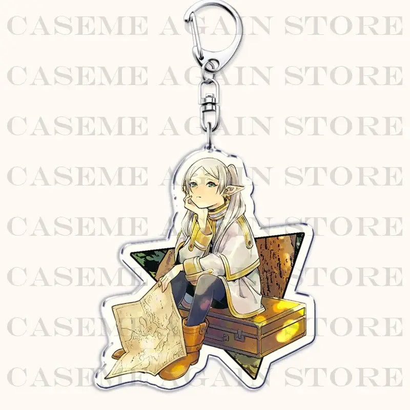 Clear acrylic keychain bag charm featuring a silver-haired elf-like character from frieren sitting on a chest holding a map