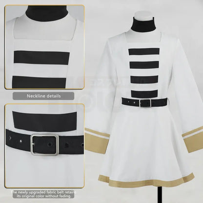 Frieren beyond journey’s end costume set featuring a white dress with black stripes gold trim and a grey ponytail wig