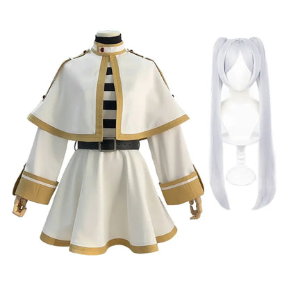 White and gold Frieren costume set with black and white striped bodice and grey ponytail wig on mannequin