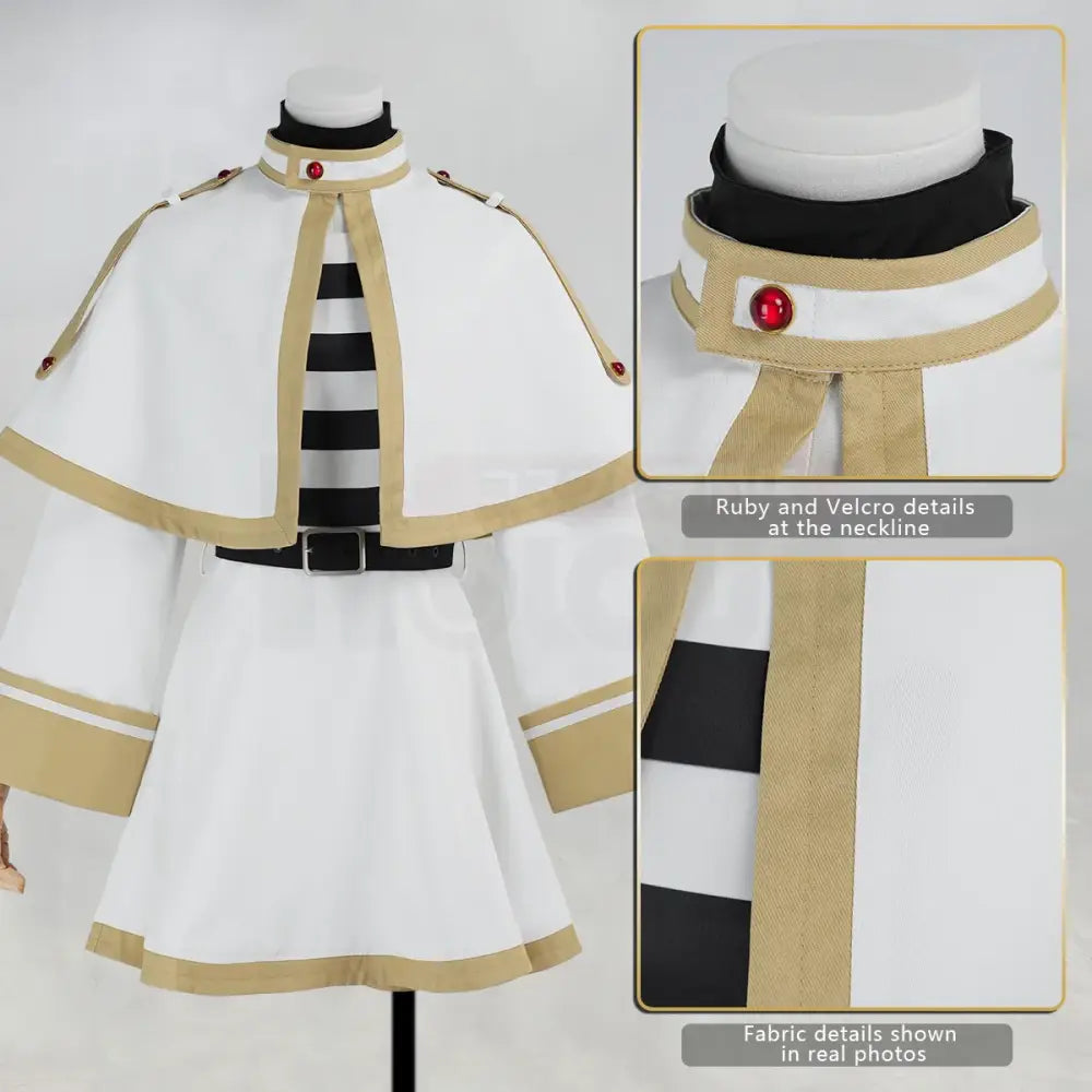 Frieren beyond journeys end costume set with white beige cosplay cape and black white striped bodice with grey ponytail wig