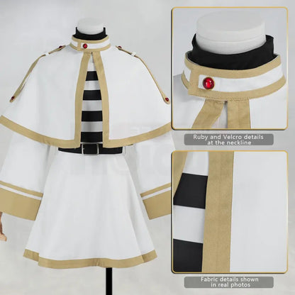 Frieren beyond journeys end costume set with white beige cosplay cape and black white striped bodice with grey ponytail wig