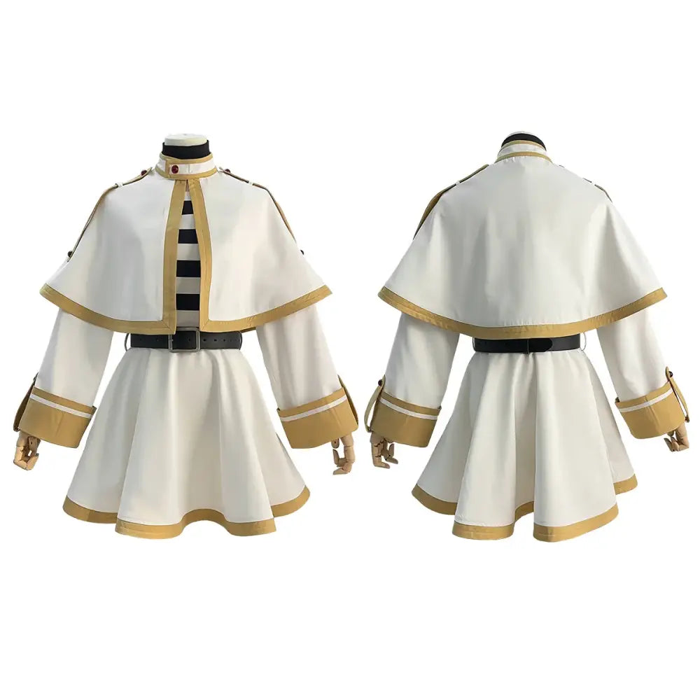 White and gold frieren costume set with black belt and striped inner garment featuring grey ponytail wig