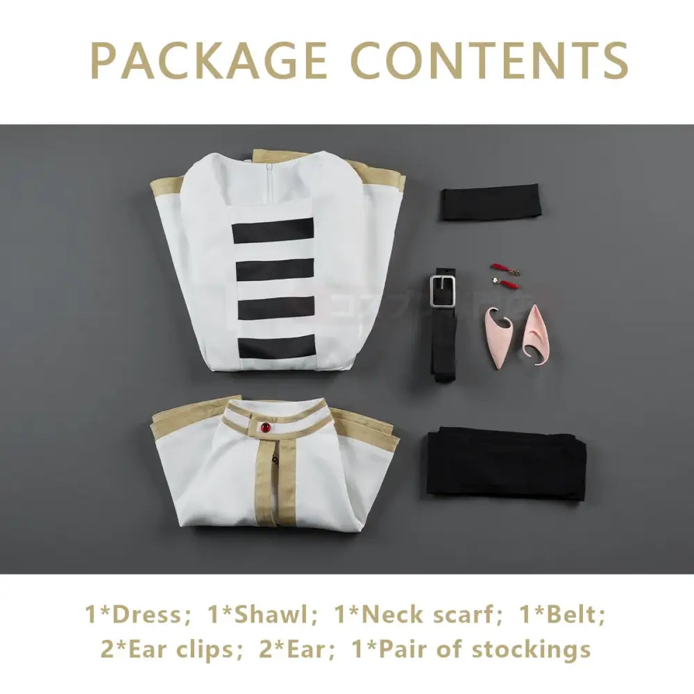 Back view of white and gold Frieren costume set with black stripes paired with grey ponytail cosplay wig