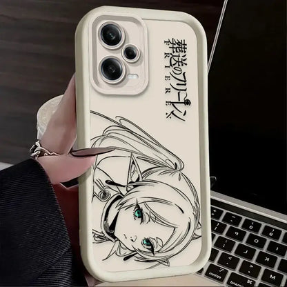 Cream-colored frieren fern phone case with black line-art anime character and japanese text phone case design back side