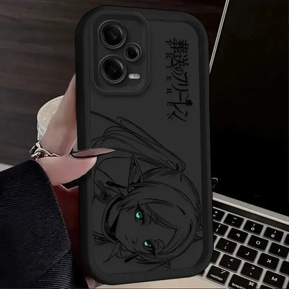 Black phone case featuring detailed line-art anime character with glowing green eyes and vertical japanese text on back