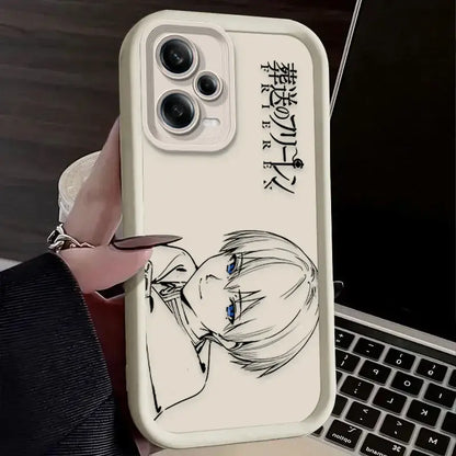 Cream-colored frieren fern phone case with black anime line art and japanese text on the back side