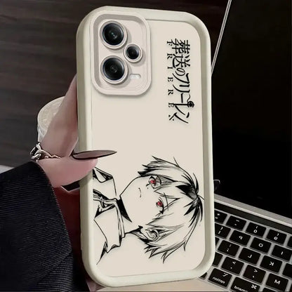 Cream-colored frieren fern phone case with black anime illustration and red eyes featuring vertical japanese text on back