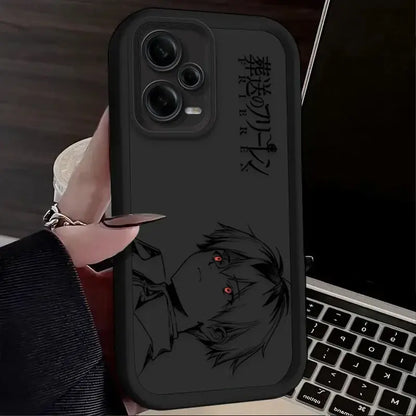 Black phone case for xiaomi 12 pro featuring stylized anime character frieren fern with glowing red eyes and japanese text
