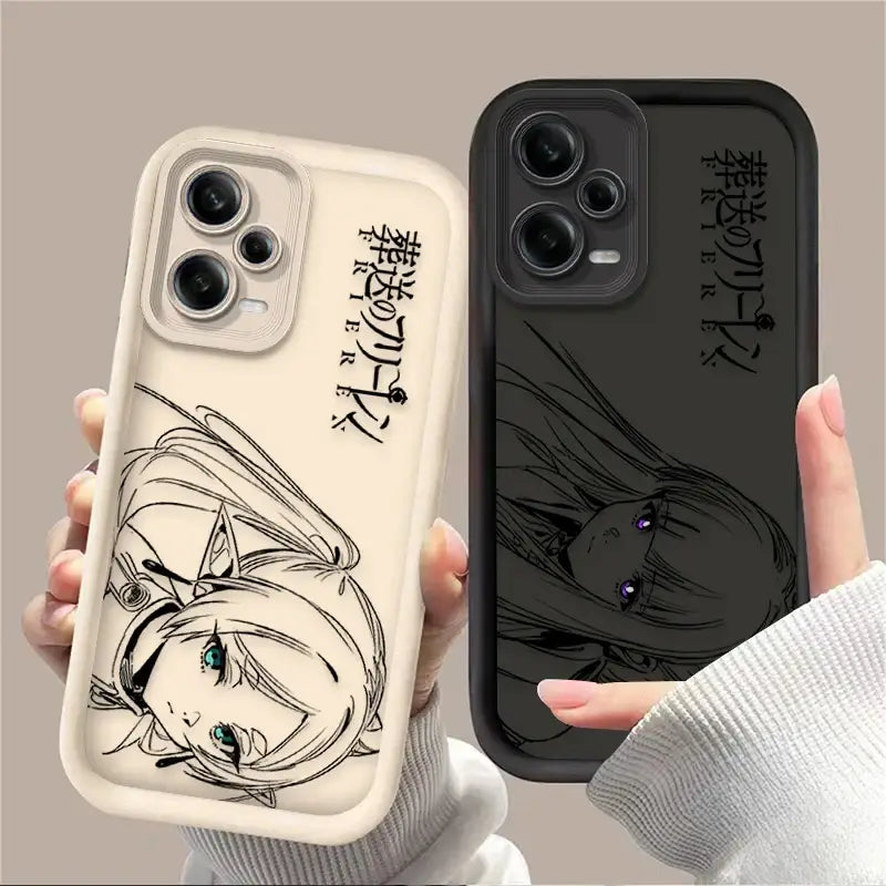 Back side of cream and black frieren fern phone cases with cute anime design in matte and translucent finishes