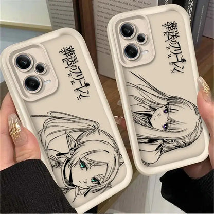 Back side of cream-colored frieren fern phone case with black cat ear anime line art and purple eyes on matte surface