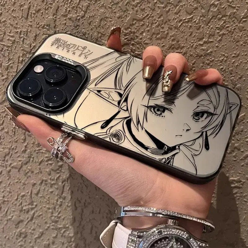 Sleek black and white frieren frieren phone case with matte anti-fall cover featuring detailed anime character illustration