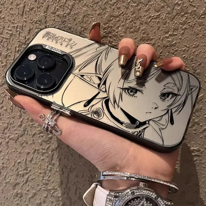 Sleek black and white frieren frieren phone case with matte anti-fall cover featuring detailed anime character illustration