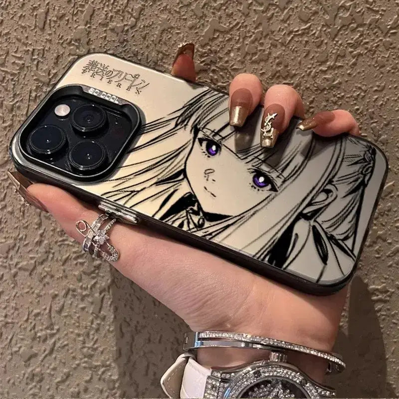 Matte anti-fall frieren frieren phone case with black-and-white anime design and purple-eyed character illustration