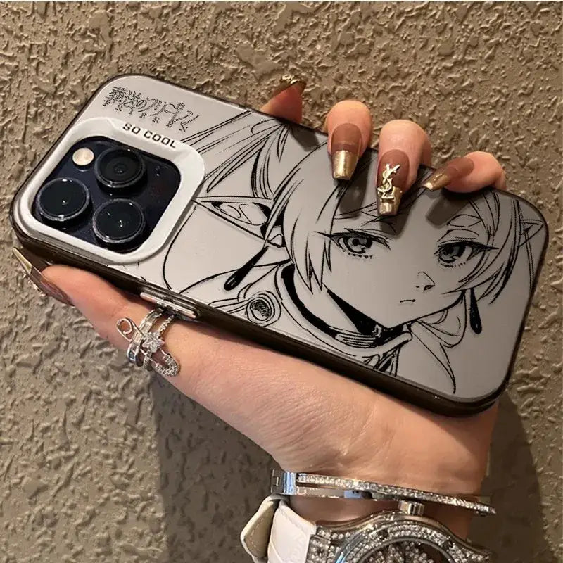 Back side of a sleek transparent frieren frieren phone case with black and white anime design and so cool text