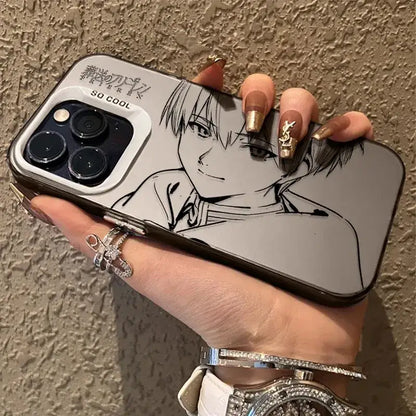 Back of a sleek transparent matte frieren frieren phone case with black and white anime illustration and so cool text