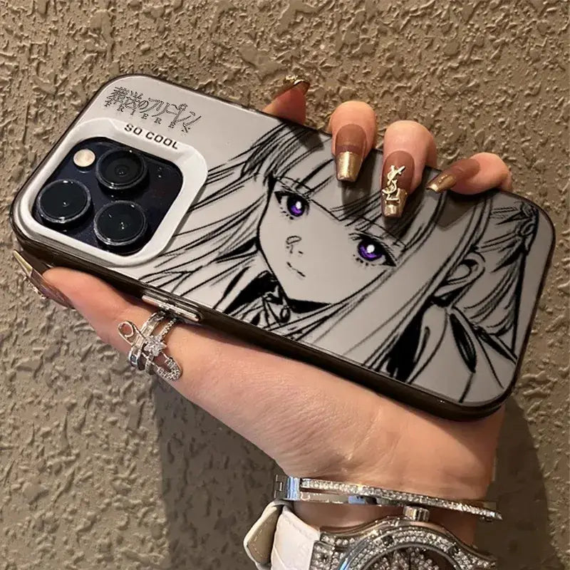 A sleek transparent frieren frieren phone case with a black-and-white anime design and striking purple eyes on the back