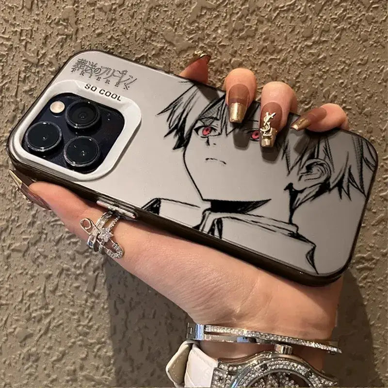Back side of a sleek silver frieren frieren phone case with a black and white anime character and red eyes matte anti-fall cover