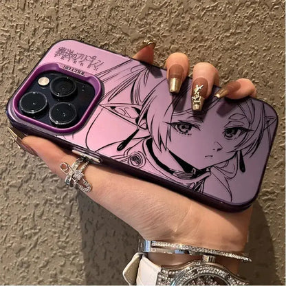 Back of a pink and purple matte anti-fall frieren frieren phone case with elf line art and so cool text