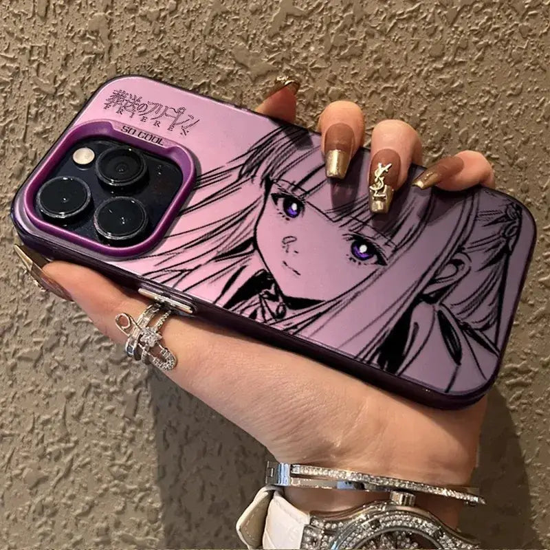 Back side of a purple frieren frieren phone case with matte anti-fall cover and anime character with so cool text above camera cutout