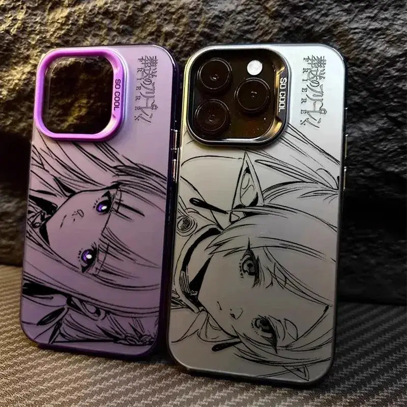 Two frieren frieren phone cases with matte anti-fall cover featuring anime girl art in purple gradient and silver
