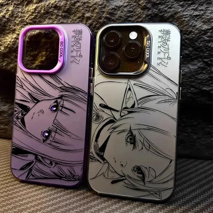 Two frieren frieren phone cases with matte anti-fall cover featuring anime girl art in purple gradient and silver