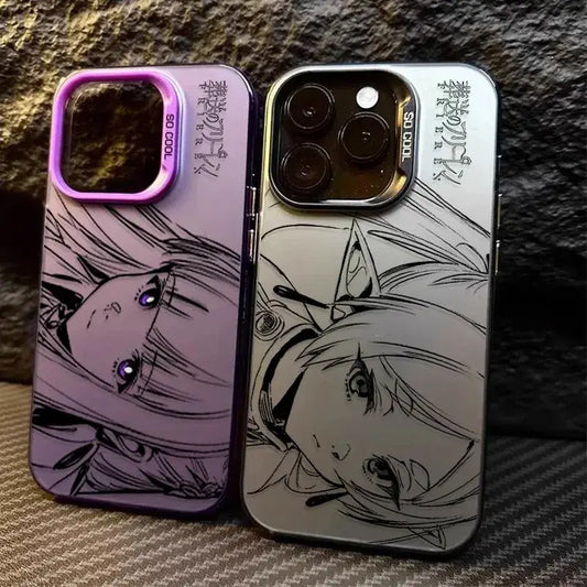 Two frieren frieren phone cases with matte anti-fall cover featuring anime girl art in purple gradient and silver