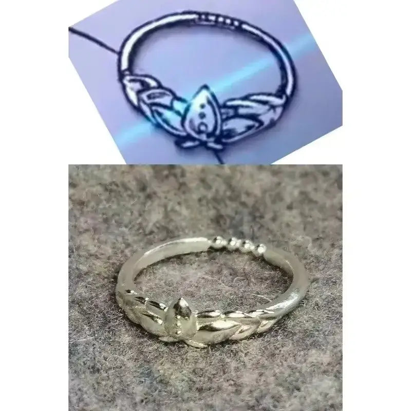 Silver alloy frieren ring with intricate lotus flower design featuring detailed petals and zinc alloy leaf motifs
