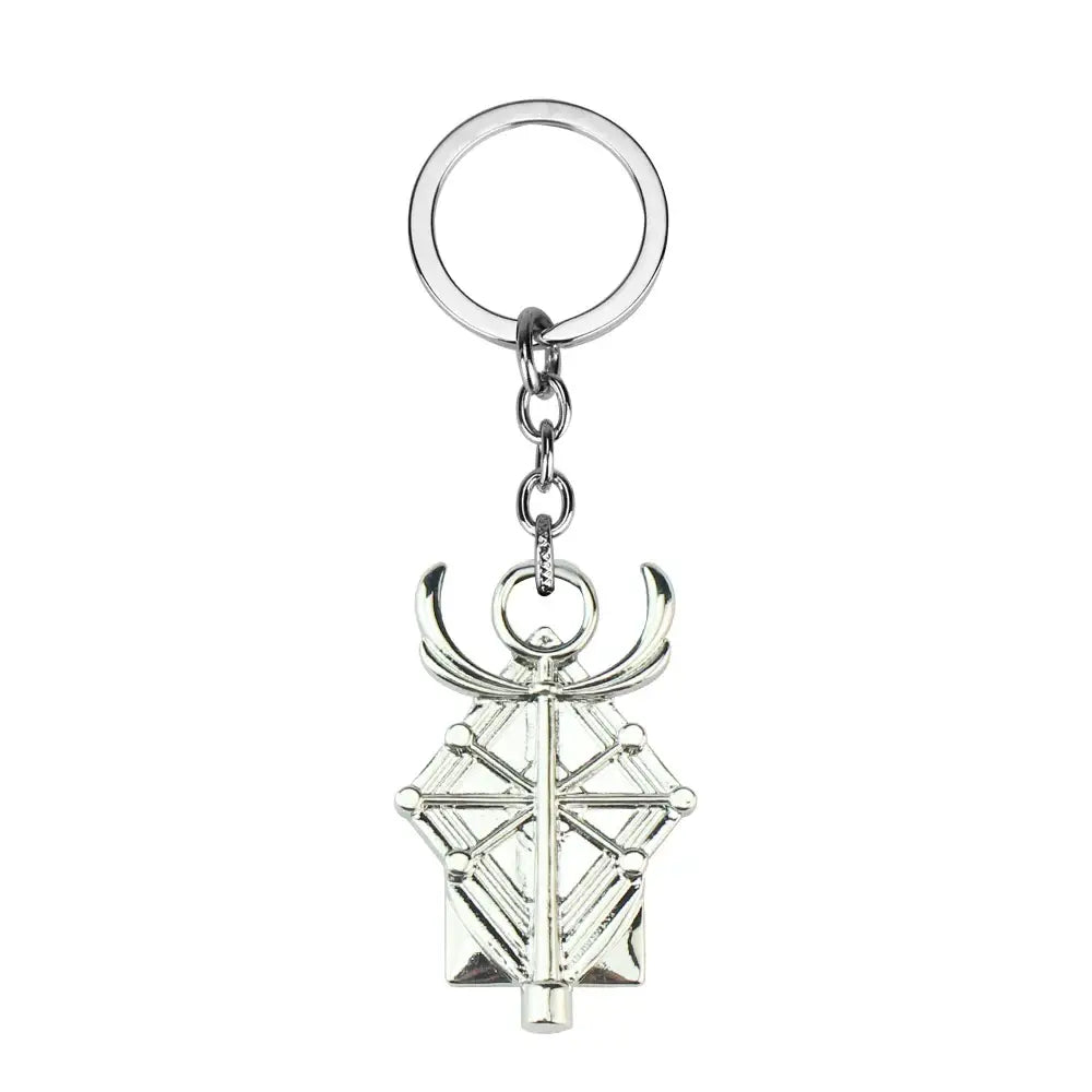 Silver alloy zinc alloy keychain with detailed angular mjölnir hammer design from frieren frieren ring product