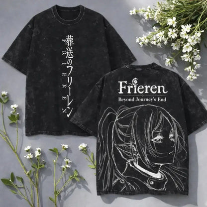 Black distressed vintage washed cotton graphic tee featuring frieren anime print and japanese text on back and front