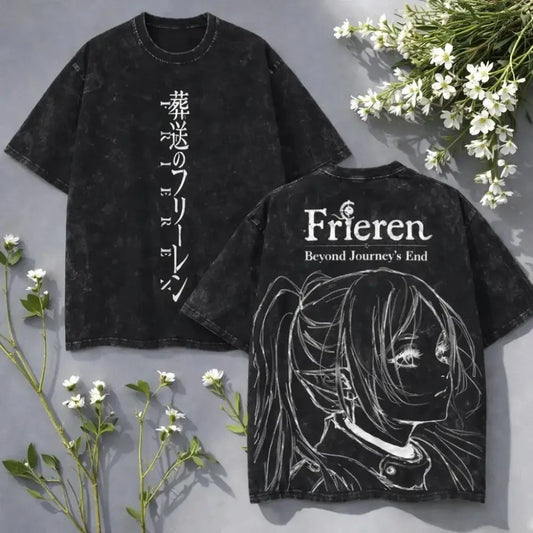 Black distressed vintage washed cotton graphic tee featuring frieren anime print and japanese text on back and front