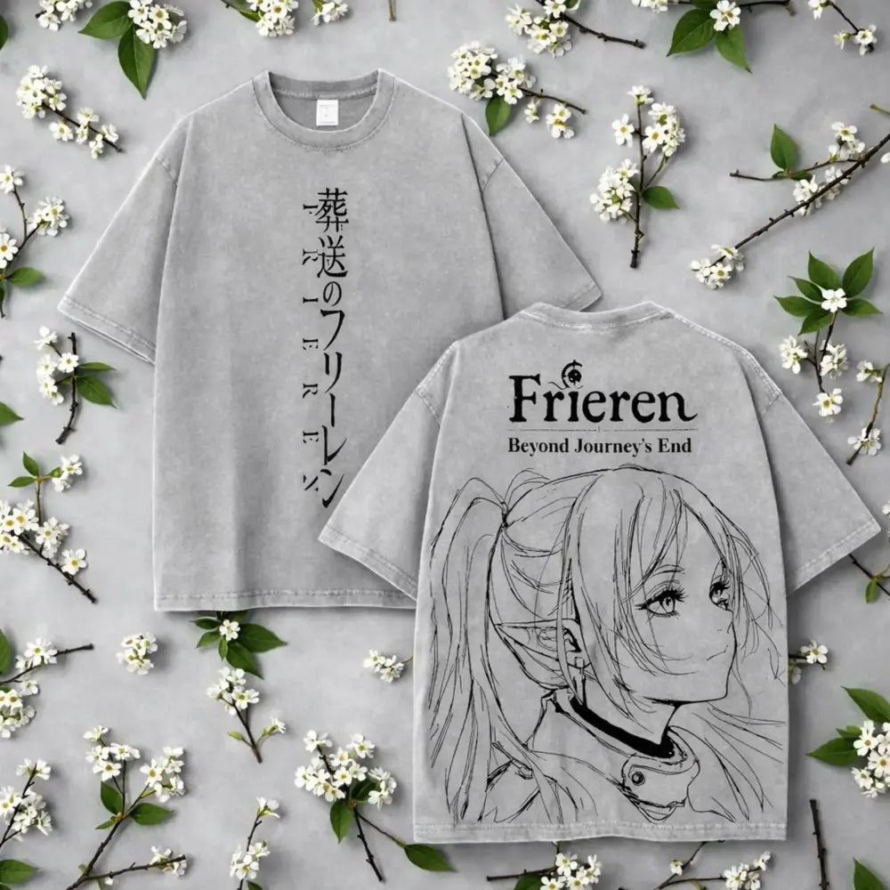 Gray oversized cotton tee with vintage washed softness featuring black frieren line-art on back and vertical japanese text front