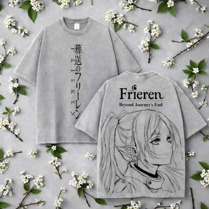Gray oversized cotton tee with vintage washed softness featuring black frieren line-art on back and vertical japanese text front