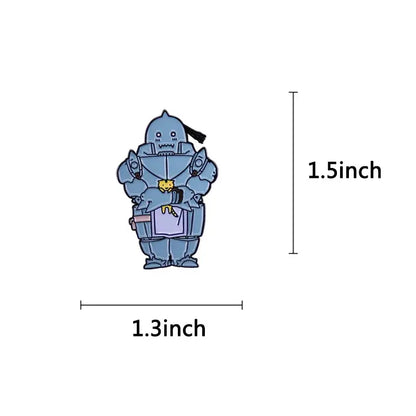 Blue metallic enamel pin of alphonse elric holding a cat with black and yellow details elric enamel pin collectible
