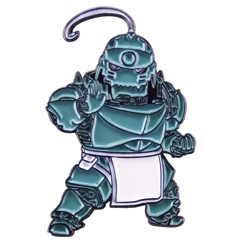 Teal metallic alphonse elric pin featuring a stylized armored character with white apron and metal loop top badge