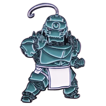 Teal metallic alphonse elric pin featuring a stylized armored character with white apron and metal loop top badge