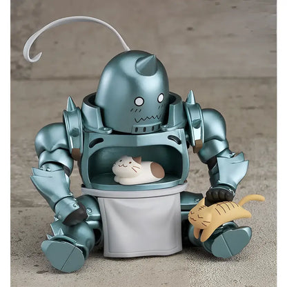 Teal metallic fullmetal alchemist alphonse elric pvc figure 10cm seated armored character holding two small cats