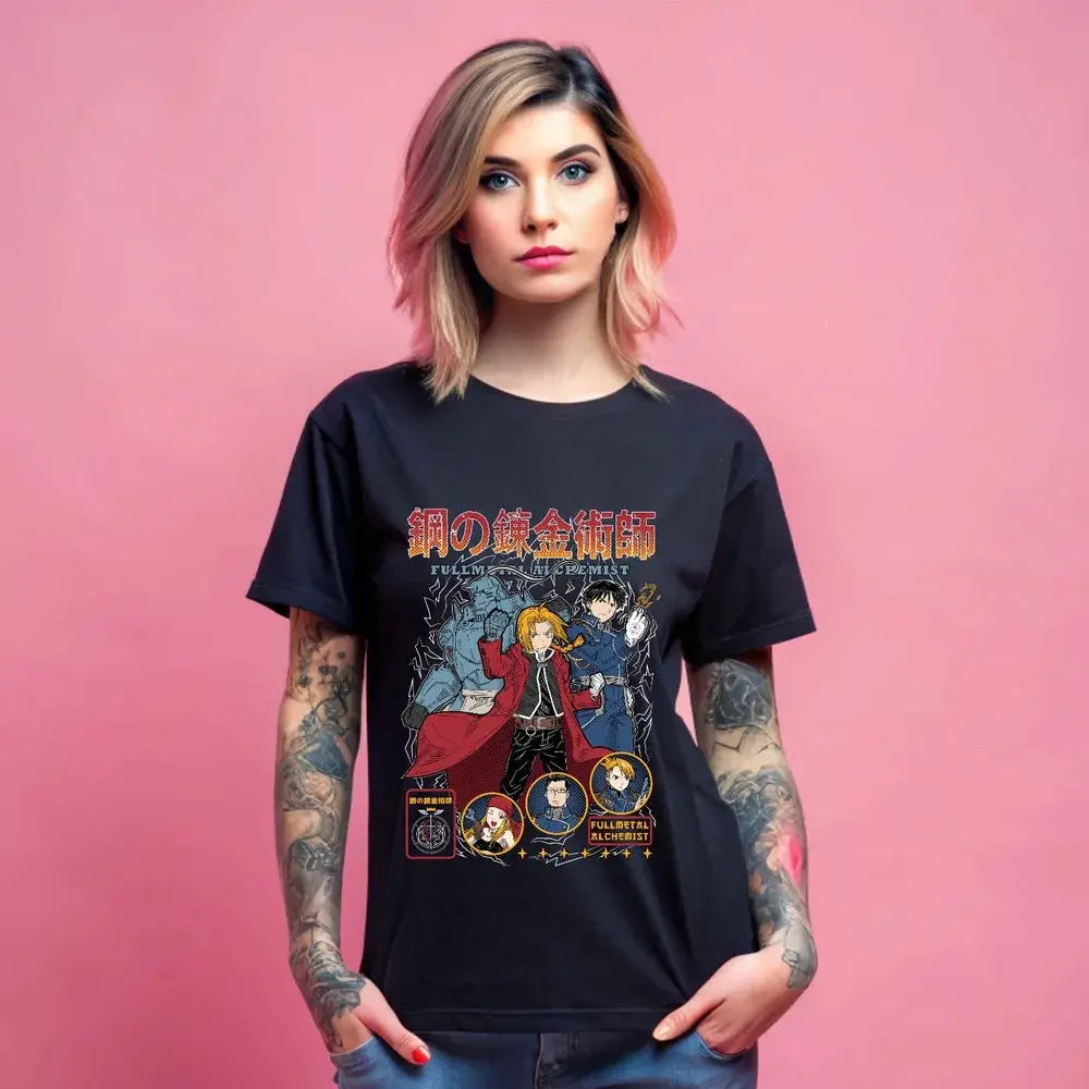 Black fullmetal alchemist t-shirt featuring colorful alphonse elric graphic and japanese text, perfect anime gift
