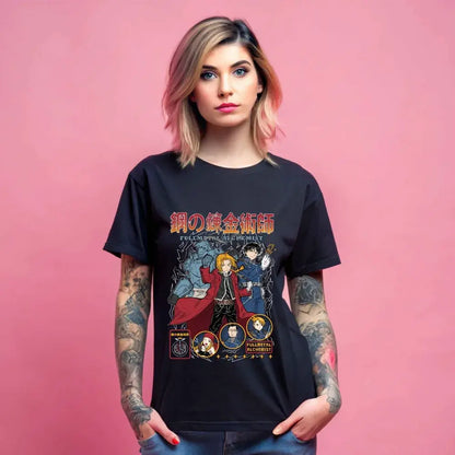 Black fullmetal alchemist t-shirt featuring colorful alphonse elric graphic and japanese text, perfect anime gift