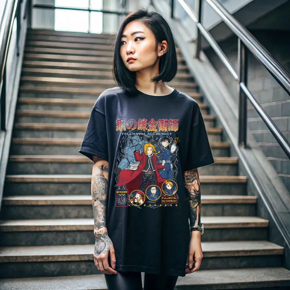 Black fullmetal alchemist alphonse elric t-shirt with colorful anime graphic and japanese text, perfect anime gift