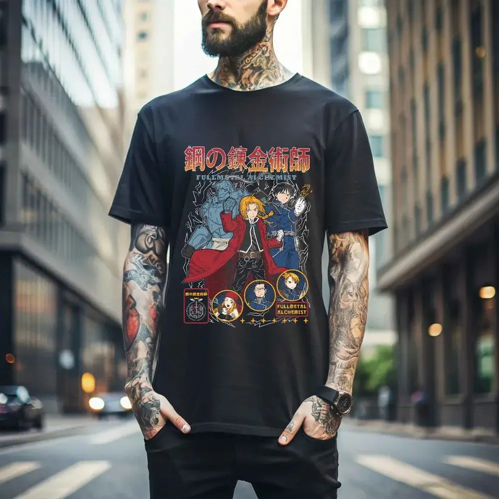 Black cotton fullmetal alchemist alphonse elric t-shirt with vibrant red blue characters and gold lettering anime gift