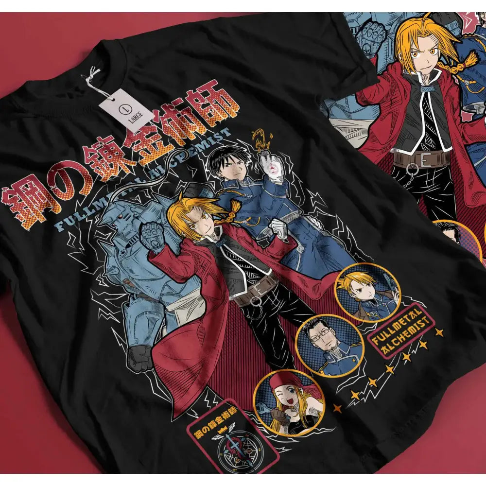 Black cotton fullmetal alchemist alphonse t-shirt with vibrant red and blue anime gift graphic design