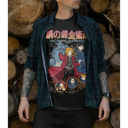Black fullmetal alchemist t-shirt with vibrant red and blue alphonse elric anime graphic perfect anime gift